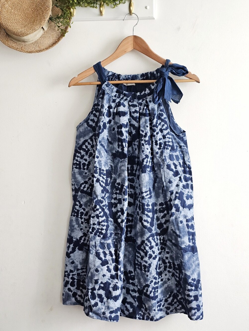 Bellambra 100% Linen Blue Abstract Tie Shoulder Dress Made in Italy M